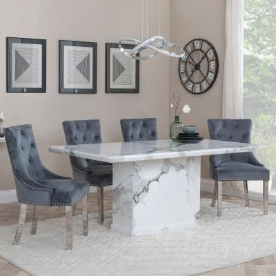 Naples White Marble Dining Set Knocker Back Grey Velvet Fabric Dining Chair With Chrome Legs