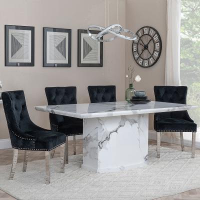 Naples White Marble Dining Set Lion Knocker Back Black Velvet Fabric Dining Chair With Chrome Legs