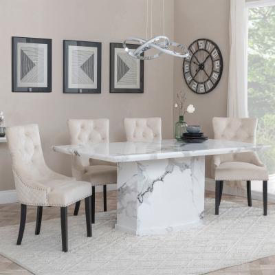 Naples White Marble Dining Set Lion Knocker Back Champagne Velvet Fabric Dining Chair With Black Wooden Legs