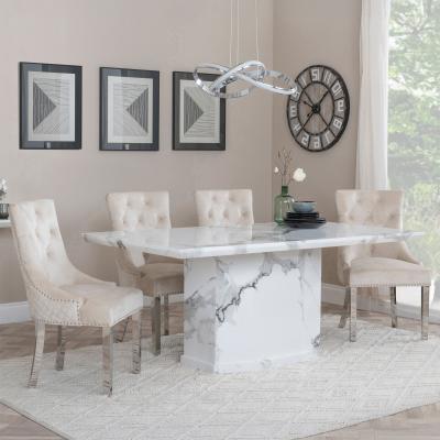 Naples White Marble Dining Set Lion Knocker Back Champagne Velvet Fabric Dining Chair With Chrome Legs