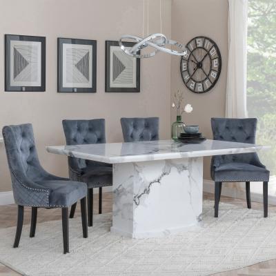 Naples White Marble Dining Set Lion Knocker Back Grey Velvet Fabric Dining Chair With Black Wooden Legs