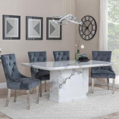 Naples White Marble Dining Set Lion Knocker Back Grey Velvet Fabric Dining Chair With Chrome Legs