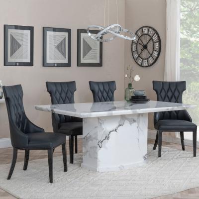 Naples White Marble Dining Set Mimi Black Leather Dining Chair