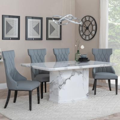 Naples White Marble Dining Set Mimi Grey Leather Dining Chair