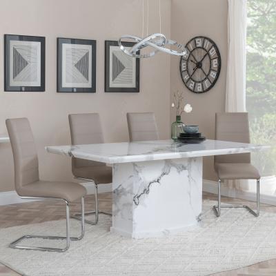 Naples White Marble Dining Set Roma Beige Faux Leather Dining Chair