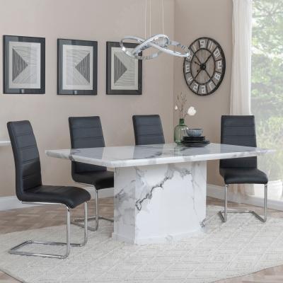 Naples White Marble Dining Set Roma Black Faux Leather Dining Chair