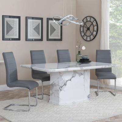 Naples White Marble Dining Set Roma Grey Faux Leather Dining Chair