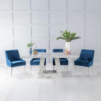 Product photograph of Milan Grey Marble Dining Set - Giovanni Blue Fabric Chairs from Choice Furniture Superstore