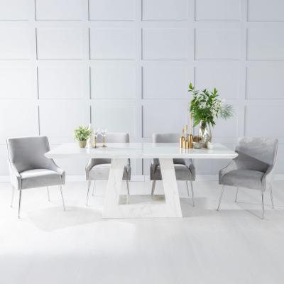 Product photograph of Milan White Marble Dining Set - Giovanni Light Grey Fabric Chairs from Choice Furniture Superstore