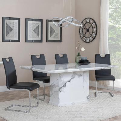 Naples White Marble Dining Set Bianco Black Faux Leather Dining Chair