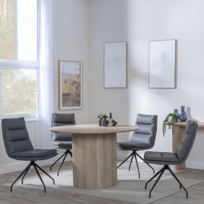 Bern Fluted Oak Effect 4 Seater Round Dining Set 4 Diego Grey Leather Swivel Dining Chair