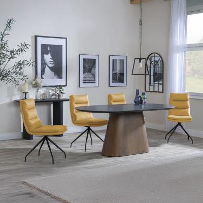Danetti Dark Grey Ceramic Oval Dining Set With Walnut Pedestal Base Diego Yellow Leather Swivel Dining Chair