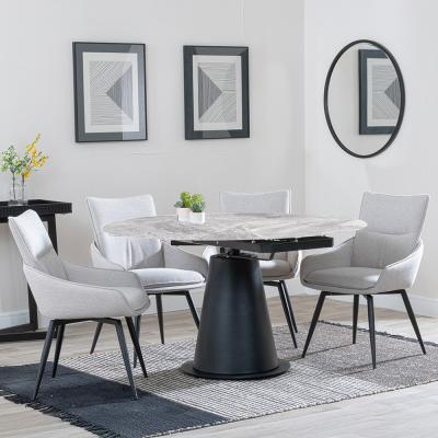 Carrara Grey Ceramic 4 Seater Round Extending Dining Set 4 Ace Beige Fabric Swivel Dining Chair
