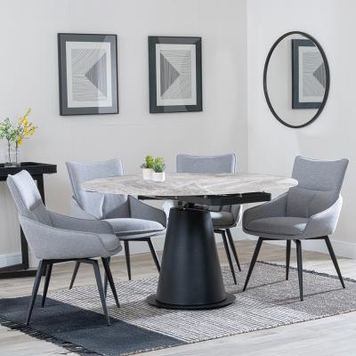 Carrara Grey Ceramic 4 Seater Round Extending Dining Set 4 Ace Grey Fabric Swivel Dining Chair