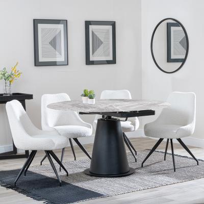Carrara Grey Ceramic 4 Seater Round Extending Dining Set 4 Arctic Cream Velvet Fabric Swivel Dining Chair