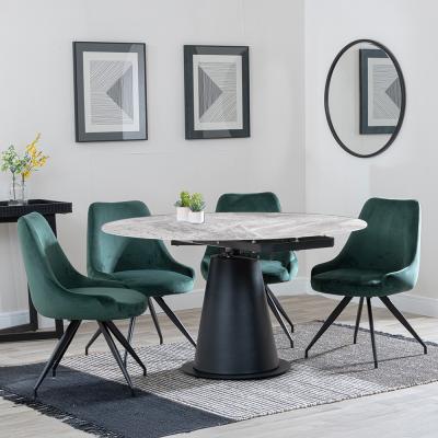 Carrara Grey Ceramic 4 Seater Round Extending Dining Set 4 Arctic Green Velvet Fabric Swivel Dining Chair
