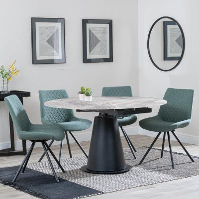 Carrara Grey Ceramic 4 Seater Round Extending Dining Set 4 Boden Green Fabric Swivel Dining Chair