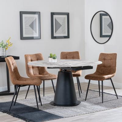 Carrara Grey Ceramic 4 Seater Round Extending Dining Set 4 Corona Brown Fabric Dining Chair