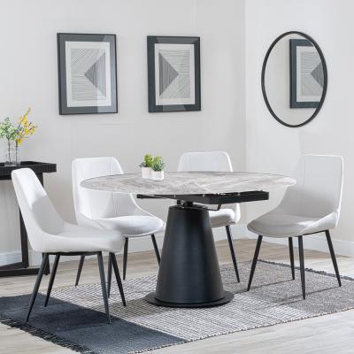 Carrara Grey Ceramic 4 Seater Round Extending Dining Set 4 Darwin Cream Fabric Dining Chair