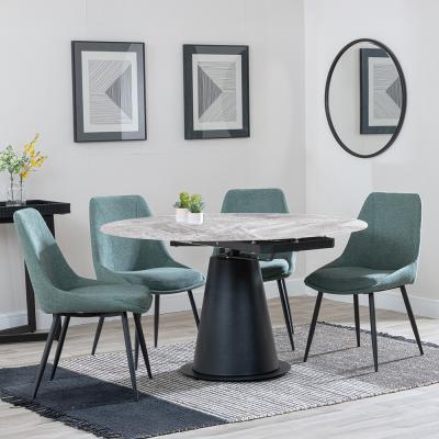 Carrara Grey Ceramic 4 Seater Round Extending Dining Set 4 Darwin Green Fabric Dining Chair