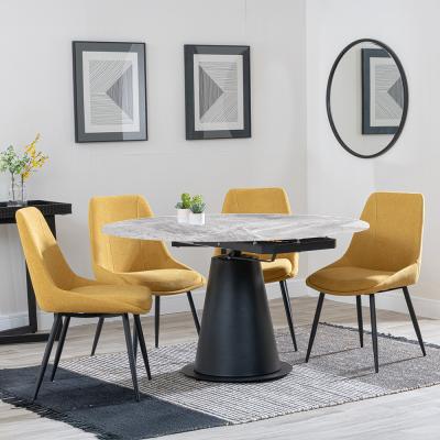 Carrara Grey Ceramic 4 Seater Round Extending Dining Set 4 Darwin Yellow Fabric Dining Chair