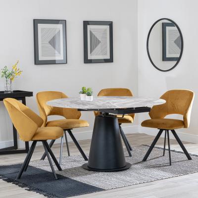 Carrara Grey Ceramic 4 Seater Round Extending Dining Set 4 Ion Mustard Velvet Fabric Swivel Dining Chair