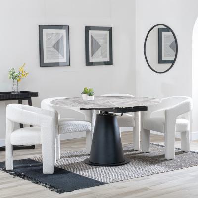 Carrara Grey Ceramic 4 Seater Round Extending Dining Set 4 Kiefer Cream Boucle Fabric Dining Chair