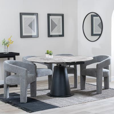 Carrara Grey Ceramic 4 Seater Round Extending Dining Set 4 Kiefer Grey Boucle Fabric Dining Chair