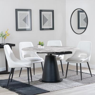 Carrara Grey Ceramic 4 Seater Round Extending Dining Set 4 Peyton Cream Fabric Dining Chair