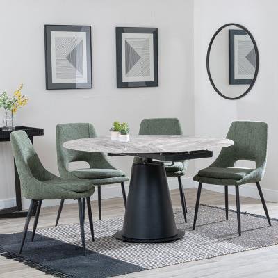 Carrara Grey Ceramic 4 Seater Round Extending Dining Set 4 Peyton Green Fabric Dining Chair