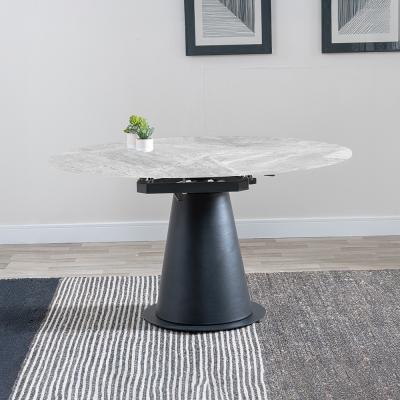 Carrara 46 Seater Grey Ceramic Round Swivel Motion Extending Dining Table With Black Pedestal Base 135cm