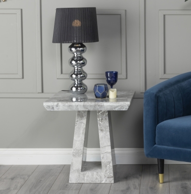 Product photograph of Milan Marble Side Table Grey Square Top With Triangular Pedestal Base from Choice Furniture Superstore