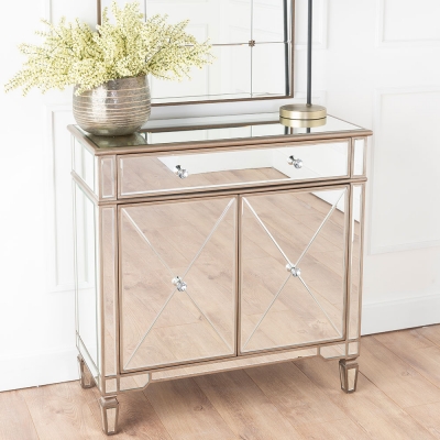 Product photograph of Antoinette Mirrored Small Sideboard With Champagne Trim from Choice Furniture Superstore