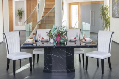 Product photograph of Naples Marble Dining Table Set Rectangular Black Top And Pedestal Base With Cadiz White Faux Leather Chairs from Choice Furniture Superstore