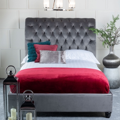 Ellis Grey Velvet Fabric Upholstered 4ft 6in Double Bed