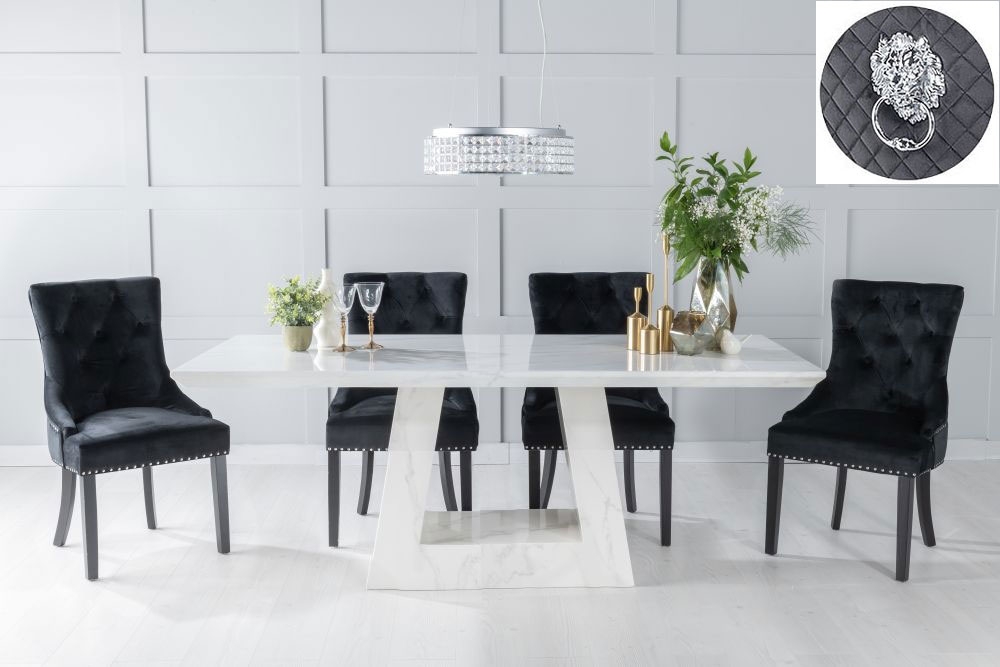 Milan Marble Dining Table Set, Rectangular White Top and Triangular Pedestal Base with Black Fabric Lion Head Ring Back Chairs with Black Legs