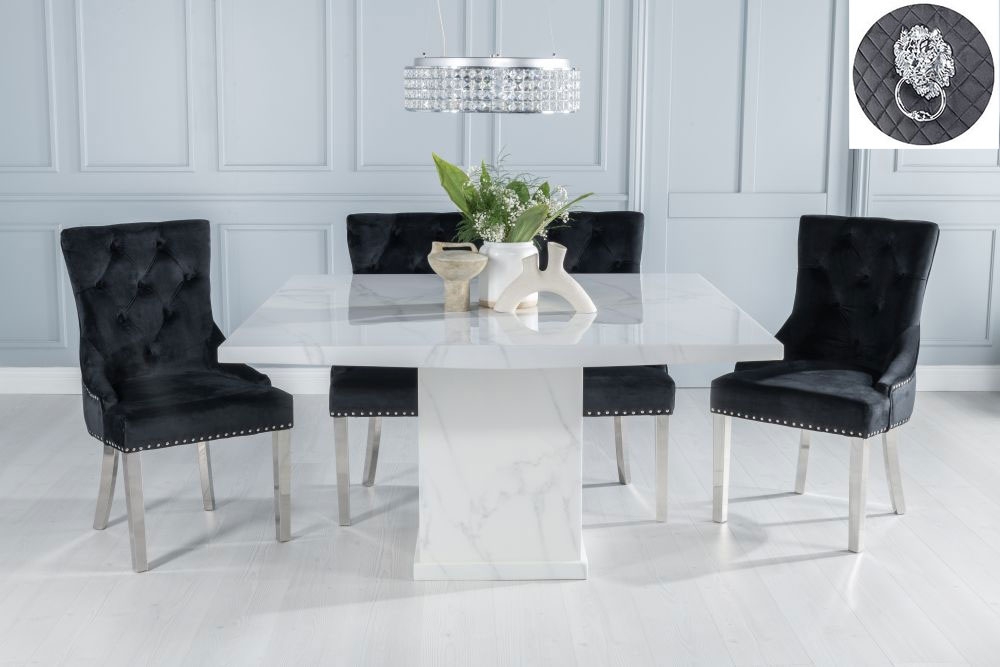 Turin 140cm Square White Marble Dining Set - Black Fabric Lion Head Ring Back Chairs with Chrome Legs