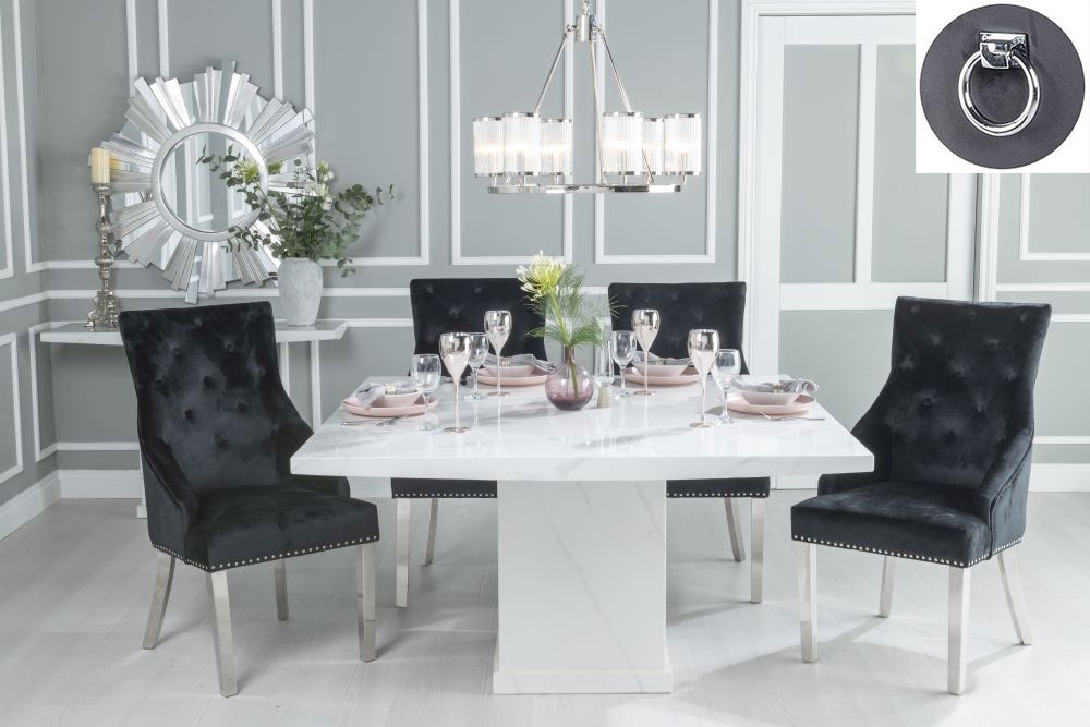 Turin Marble Dining Table Set, Square White Top and Pedestal Base with Black Fabric Knockerback Chairs