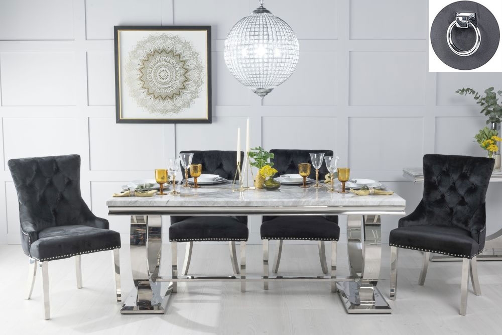 Glacier Marble Dining Table Set, Rectangular Grey Top and Ring Chrome Base with Black Fabric Knockerback Chairs with Chrome Legs