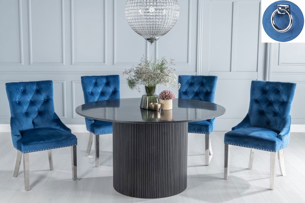 Carra Marble Dining Table Set, Round Top and Fluted Ribbed Drum Base and Blue Fabric Knocker Back Chairs with Chrome Legs