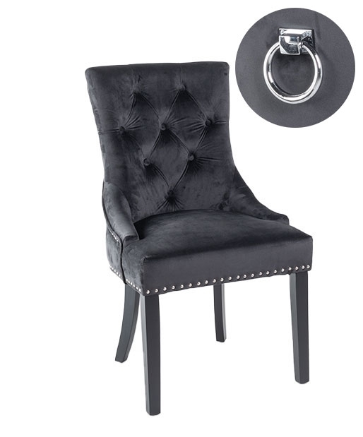 Knocker Back Black Dining Chair, Tufted Velvet Fabric Upholstered with Black Wooden Legs