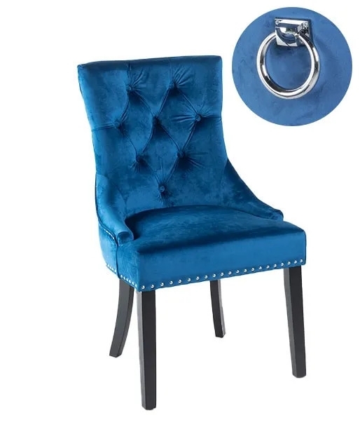 Knocker Back Blue Dining Chair, Tufted Velvet Fabric Upholstered with Black Wooden Legs
