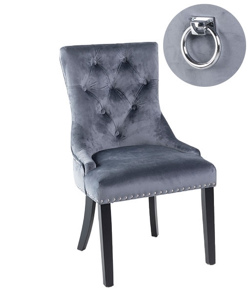 Knocker Back Grey Dining Chair, Tufted Velvet Fabric Upholstered with Black Wooden Legs