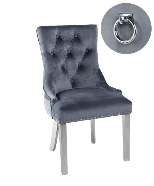 Knocker Back Grey Dining Chair, Tufted Velvet Fabric Upholstered with Chrome Legs
