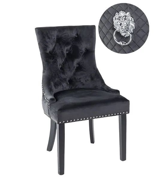 Lion Knocker Back Black Dining Chair, Tufted Velvet Fabric Upholstered with Black Wooden Legs