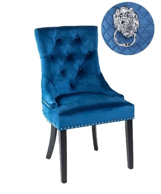 Lion Knocker Back Blue Dining Chair, Tufted Velvet Fabric Upholstered with Black Wooden Legs