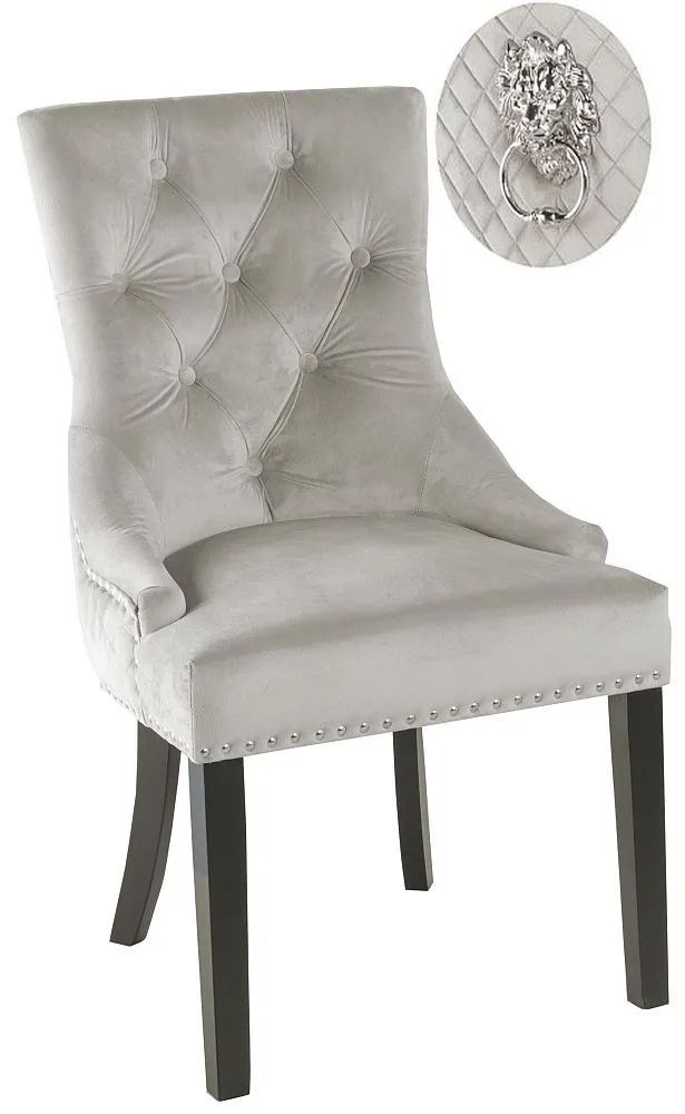 Lion Knocker Back Champagne Dining Chair, Tufted Velvet Fabric Upholstered with Black Wooden Legs