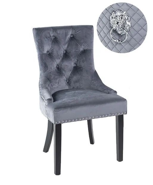 Lion Knocker Back Grey Dining Chair, Tufted Velvet Fabric Upholstered with Black Wooden Legs