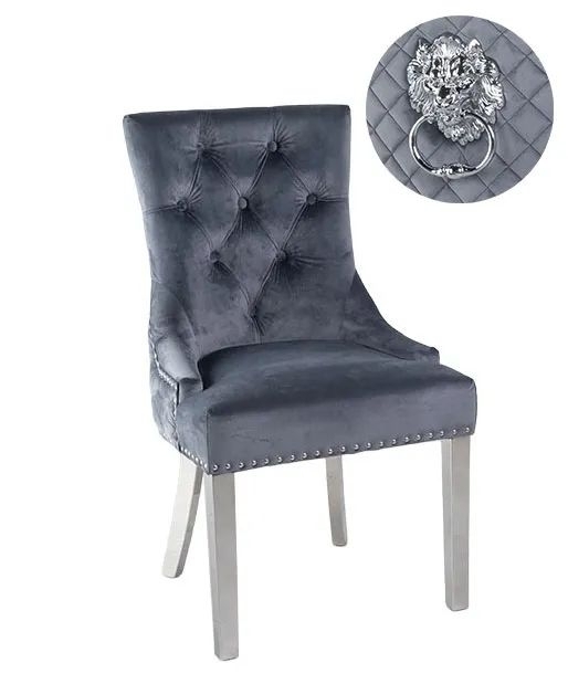 Lion Knocker Back Grey Dining Chair, Tufted Velvet Fabric Upholstered with Chrome Legs