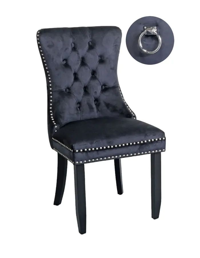 Rivington Knocker Back Black Dining Chair, Tufted Velvet Fabric Upholstered with Black Wooden Legs